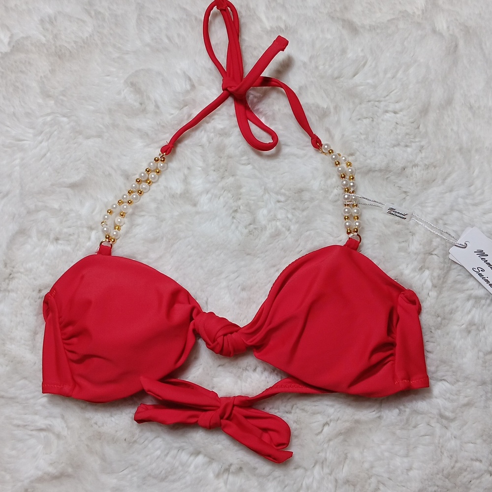 New mermaid swimwear red halter w/ pearl straps bikini top women's medium